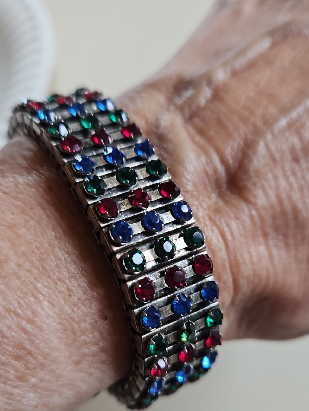 Vintage Expansion Bracelet with Red Blue and Green Rhinestones - Picture 5 of 7